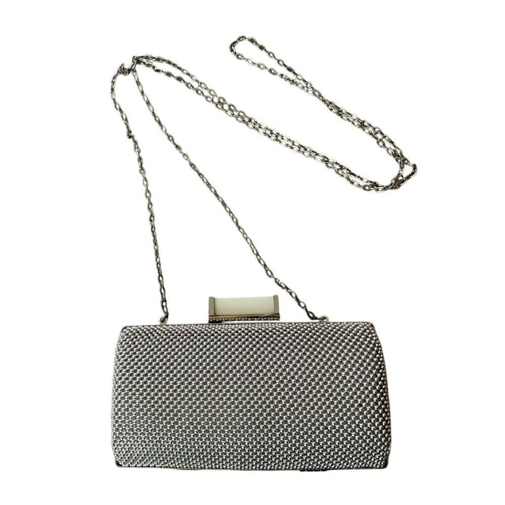 Jessica McClintock Silver Rhinestone Evening Clutch Chain Strap & Snap Closure